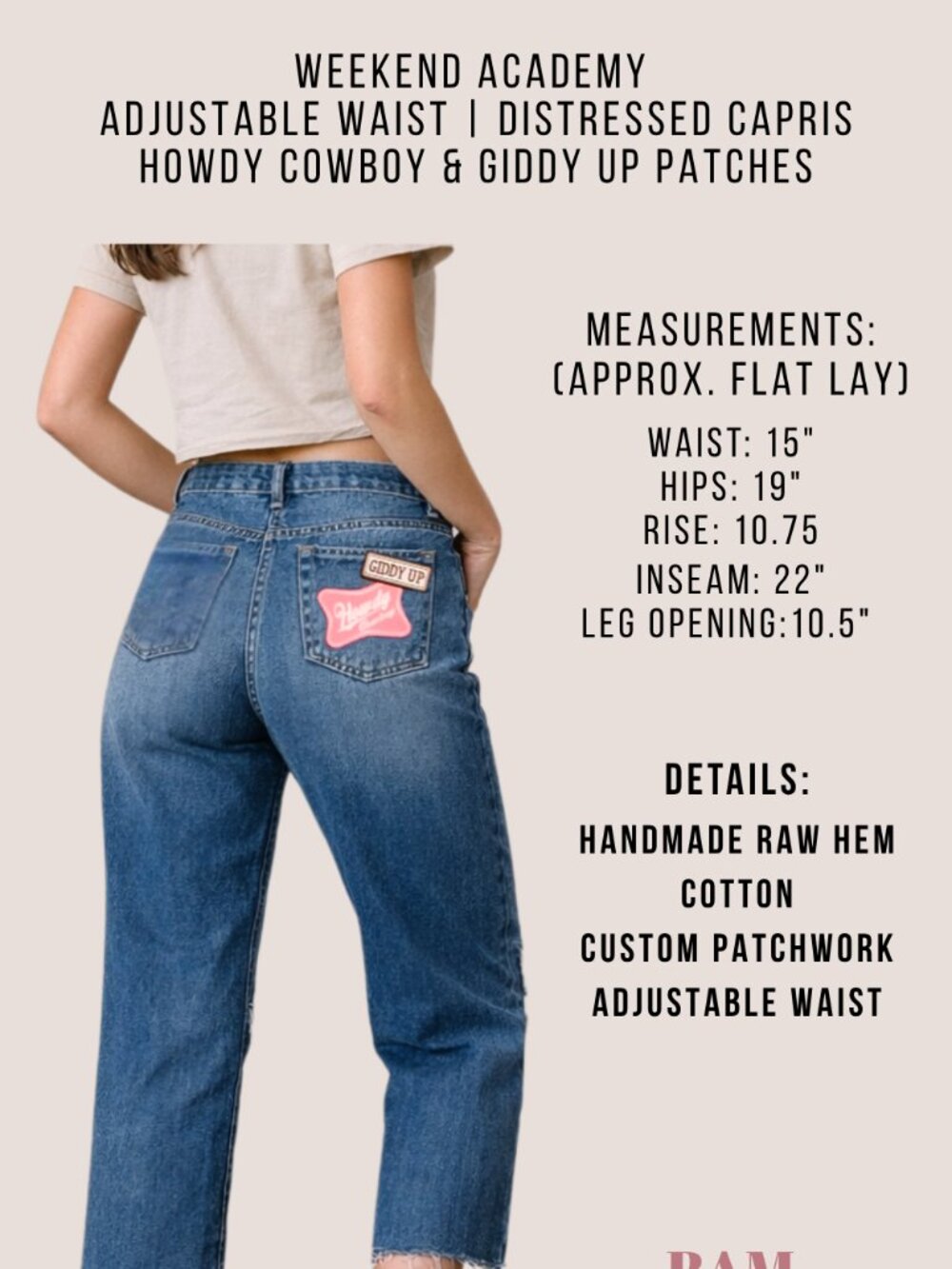 Weekend Academy Custom Patch Capri Jeans – Adjustable Waist Western Distressed R - Picture 2 of 7